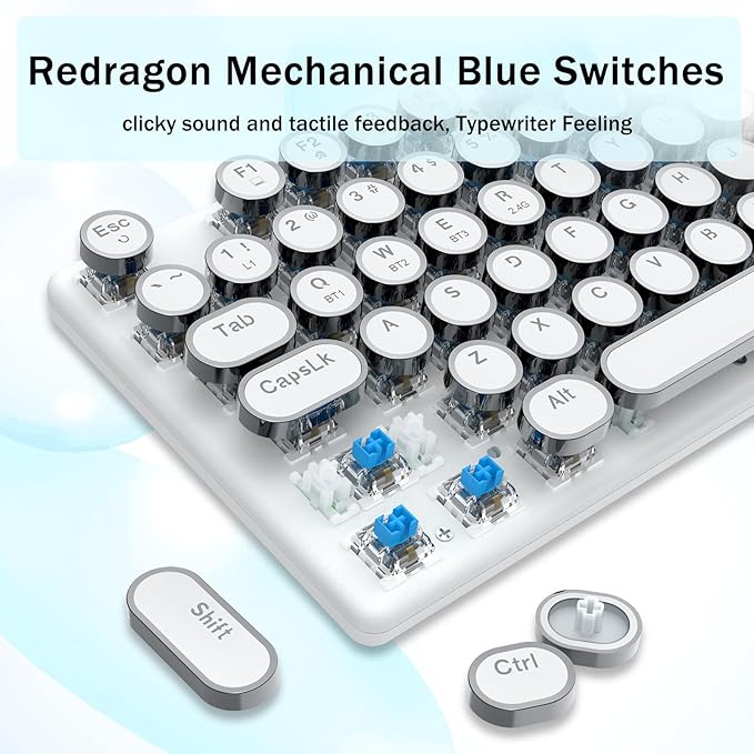 Redragon K710 Wireless Typewriter Mechanical Gaming Keyboard, Bluetooth/2.4Ghz/Wired, RGB Backlit, Blue Switch - Clicky, Rechargeable, Metal Panel, Round Keycaps, White