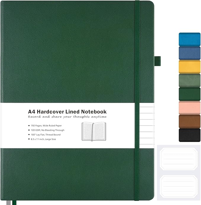 Lined Journal Notebook, 8.5" x 11" Hardcover Leather Notebook for Work, Wide Ruled Notebook Journal for Women Men, 192 Thick Paper, Lay Flat, 2 Pockets, A4 Large Journals for Writing, Green Notebook