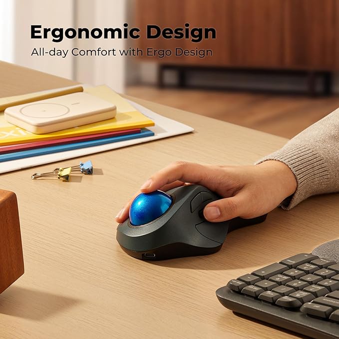 Wireless Trackball Mouse, Comfortable for Large Hands with 44mm Ball, Easy Index Finger Control, Rechargeable, Bluetooth & USB Connection, 5 DPI Adjustable, Compatible for PC, Laptop, Mac, Windows