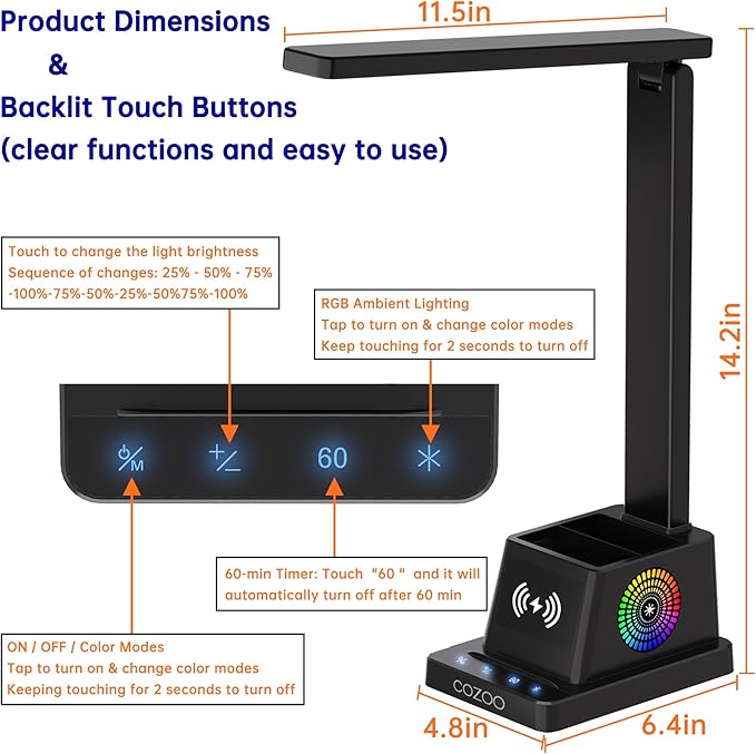 cozoo Desk Lamp,LED Desk Lamps for Home Office,Wireless Charger Small Desk Lamp with Pen Holder,Color Changing Nightlight,12 Lighting Modes,Desk Lamp for College Dorm Room,Desk Light,Nail Desk Lamp
