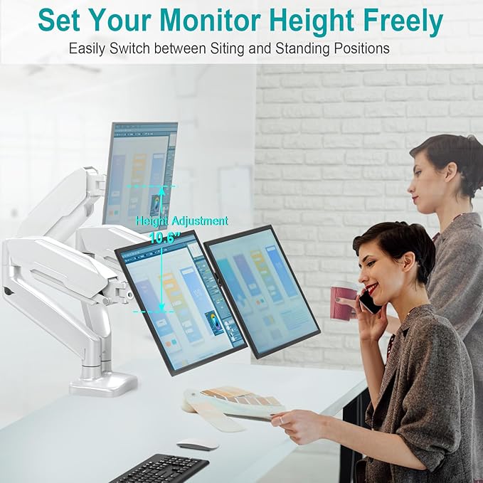MOUNT PRO Dual Monitor Mount Fits 13 to 32 Inch Screen, Height Adjustable Monitor Stand for 2 Monitors, Gas Spring Display Arm Holds up to 17. 6lbs Each, Computer Desk VESA Mount, White