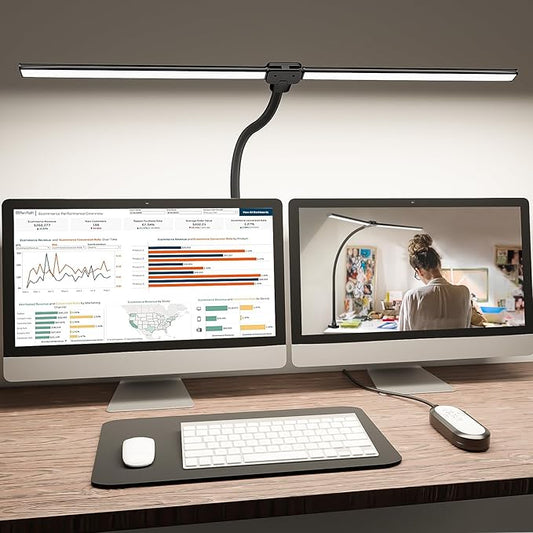 ShineTech LED Desk Lamp for Home Office, 4000K Neutral White Double Head Architect Task Lamps with Clamp, Dimmable Adjustable Flexible Gooseneck,Black