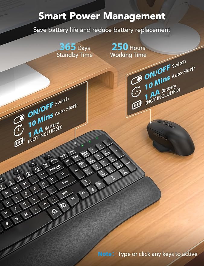 Wireless Keyboard and Mouse Combo – Ergonomic Wave Key, Built-in Leather Soft Palm Rest, 2.4G Full Size, 8 Hotkeys, 6-Button Mouse with 4-Level DPI, Dual USB-A/USB-C, Windows & macOS Compatible
