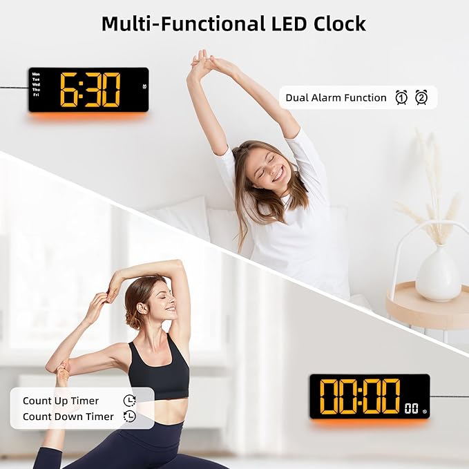 17.5” Digital Wall Clock, LED Display with Time, Date, Month, Temperature & Humidity, Remote Control DST, Alarm, Timer, 10-Level Brightness, Night Light for Home, Living Room, Bedroom & Office Décor