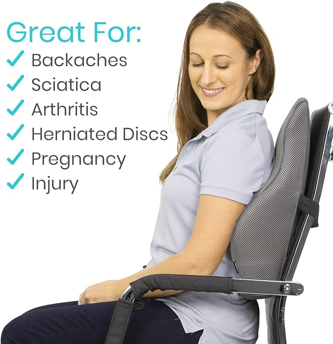 Vive Full Lumbar Cushion - Memory Foam Contour Support for Lower Back Pain - Ergonomic Pressure Relief for Office Chair, Car - Large Mesh Orthopedic Seat Backrest Roll for Improving Posture (Gray)