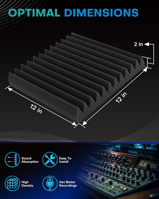 25 Pack Sound Proof Foam Panels for Walls, 2 X 12 X 12 Inches Acoustic Foam Panels, High Density Acoustic Panels Sound Absorbing, Noise Cancelling Studio Wedges, Black (NOT INCLUDE ADHESIVE)