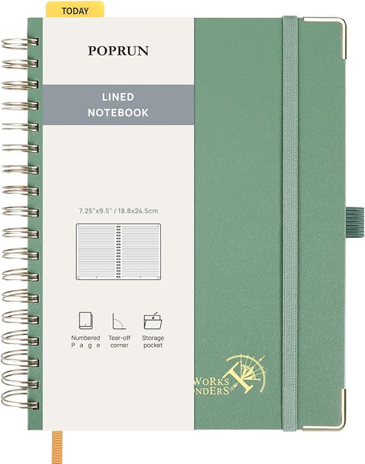 POPRUN Lined Spiral Journal Notebook for Women & Men, 7-1/4" x 9-1/2", 220 Numbered Pages, College Ruled Hardcover Notebook for Work, Journals for Writing, 120 GSM Thick Paper - Midnight Green