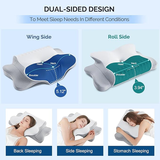 Cervical Pillow for Neck Pain Relief - Cooling Ergonomic Dual-Sided Orthopedic Neck Pillow with Ice Silk Pillowcase, Breathable Memory Foam Contour Pillow for Side, Back, Stomach Sleepers