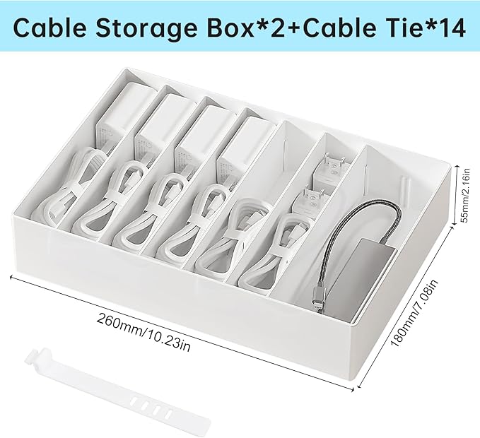 2 Pcs Large Cable Organizer Box with Wire Ties,Plastic Charger Organizer box with 8 Compartments,Stackable Cord Organizer Box for Office,Home,Desk Drawer Stationery Supplies Storage,White