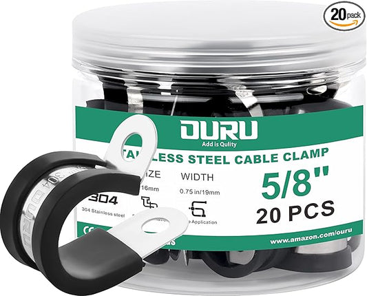 20pcs 5/8 Inch Stainless Steel Cable Clamps,Rubber Coated Cushioned Insulated Cable Clamp,Automotive Cable Wire Clamps,Pipe Clamps,Metal Clamp for Tube,Lines,Wire Cord Installation(Black,16mm)
