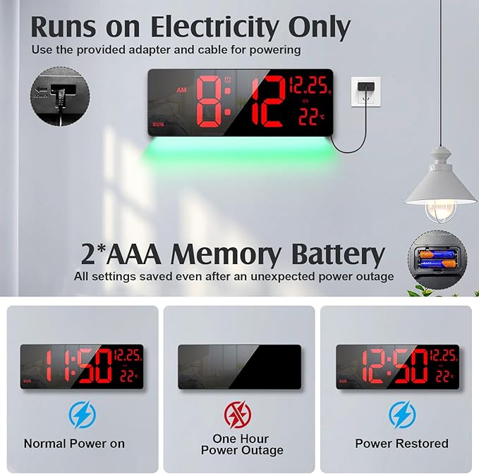 16.5" Large Digital Wall Clock with RGB Night Lights, Auto Dimmer, Remote Control, Date, Indoor Temperature, DST