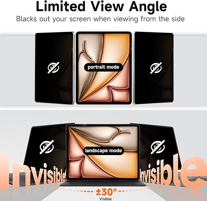 Upgrade 360° Privacy Screen Protector for Apple iPad Pro 11 inch 5th M4 2024, Magicsuction 4-Way Anti Spy Glare Blue Light Filter (Landscape+Portrait Privacy), High Sensitive/Bubble Free/Reusable