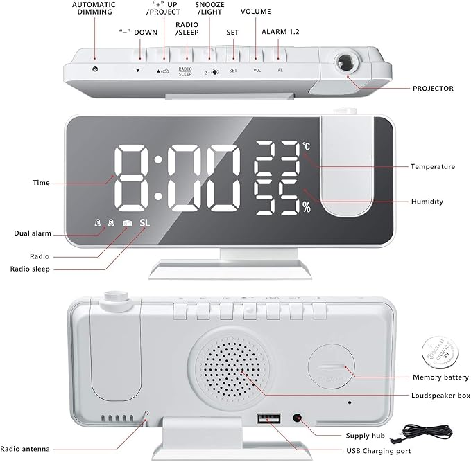 Projection Alarm Clock for Bedroom, Digital Alarm Clock with USB Charger, 7.4" Large LED Mirror Display Radio Alarm Clock, Dual Smart Alarm with Projection on Ceiling, White
