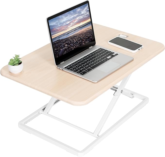 VIVO Ultra-Slim Single Top Height Adjustable Standing Desk Riser, Compact Sit Stand Desktop Converter for Monitor or Laptop, Light Wood, DESK-V001JF