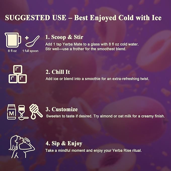 Yerba Mate Peach Mango Energy Tea Powder – Clean Plant-Based Focus Drink with Probiotics & Adaptogens – Low Sugar, No Crash, Smooth Taste – 30 Refreshing Servings