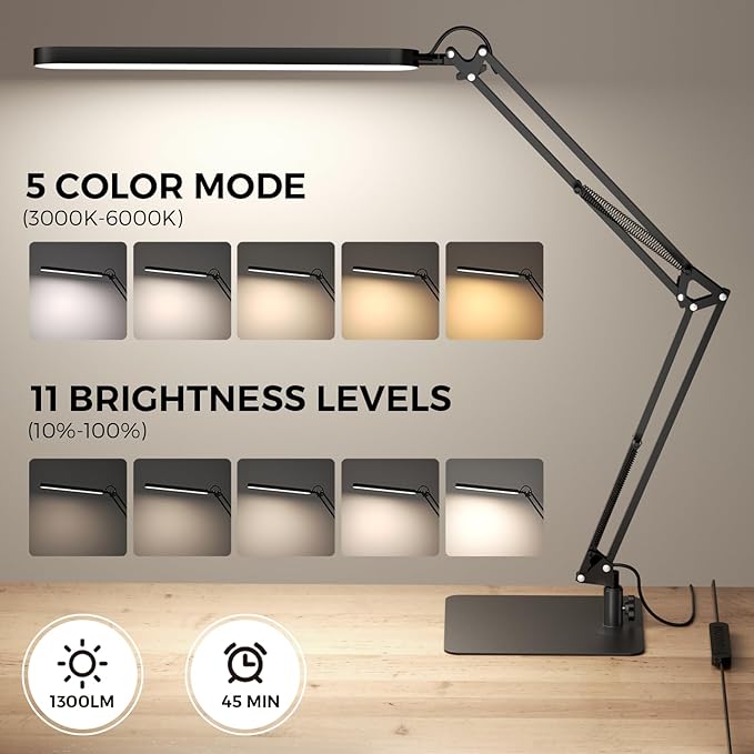 SKYLEO LED Desk Lamp with Slim Base - Adjustable Swing Arm Desk Light, Dimmable, Timer, Eye Protection, Memory Function, 1300LM, 12W, Black