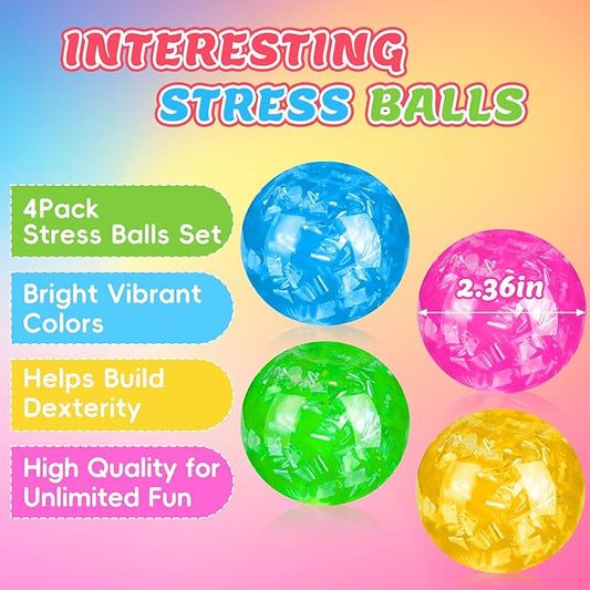 Stress Balls 4 Pack for Adults and Kids, Glitter Squeeze Toys, Sensory Toys for Kids with Autism, Squishy Fidget Toys for Stress and Anxiety Relief, Prize for Classroom