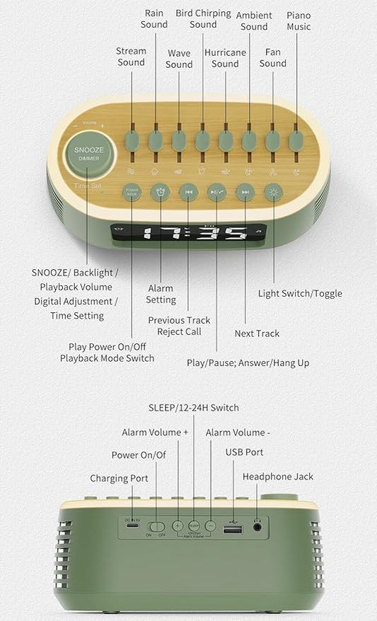 White Noise Machine Bluetooth Speaker, Digital Alarm Clock Sleep Timer with LED Display RGB Night Light, Soothing Natural Sleeping Sound Machine for Baby, Kids, Adults, Bedrooms (Green)