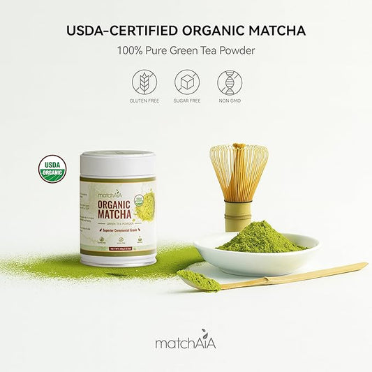 MatchAiA Organic Ceremonial Matcha Green Tea Powder - Superior Ceremonial Grade, First Spring Harvest, USDA Certified, 100% Pure - Sugar Free, Gluten Free (60g / 2.1oz Tin)