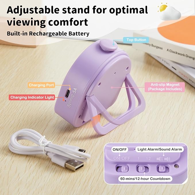 Visual Timer β Rainbow Magnetic Timer for Classroom, 60min/12h Rechargeable Countdown Timers, Silent Pomodoro Timers for Kids & Adults with ADHD