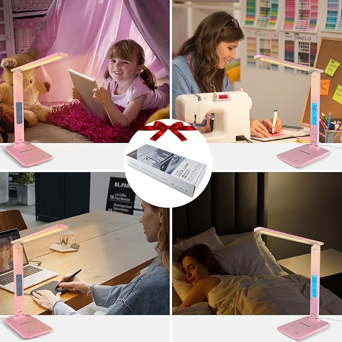 Desk Lamp with Wireless Charger, USB Charging Port, Dimmable Office Desk Light with Clock, Alarm, Date, Temperature, Foldable Lamp for Table Bedroom Bedside Office (Pink)