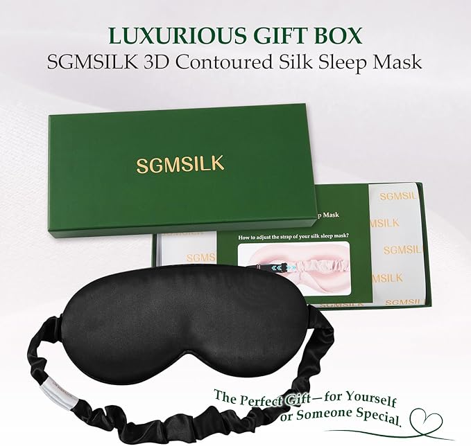 100% Mulberry Silk Sleep Mask for Unisex, 22 Momme 3D Silk Contoured Eye Mask, Breathable Light Blocking Blindfold with Adjustable Strap, Blackout Eye Cover for Travel, Black