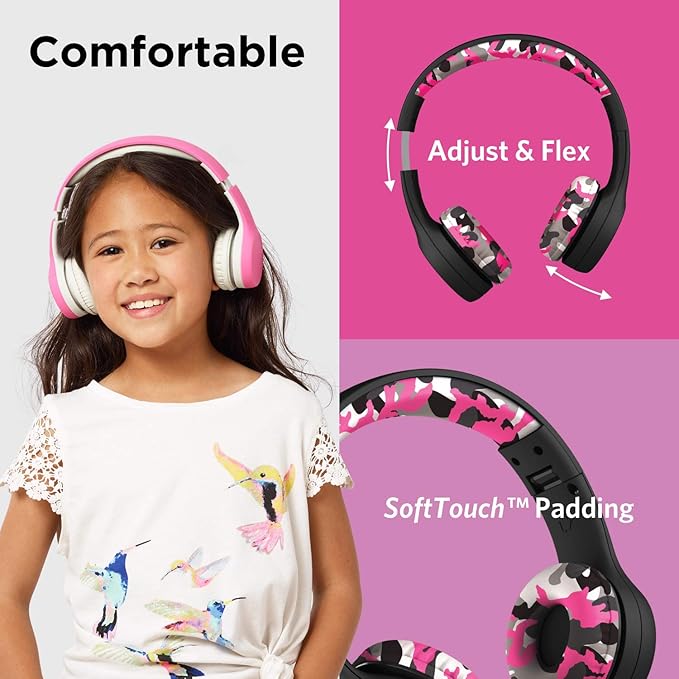 LilGadgets Connect+ Style On-Ear Kids Headphones with Microphone - SharePort Technology, SoftTouch Padding, Detachable Cable, Noise Reduction, Durable & Adjustable - Pink Camo - Wired Headphones