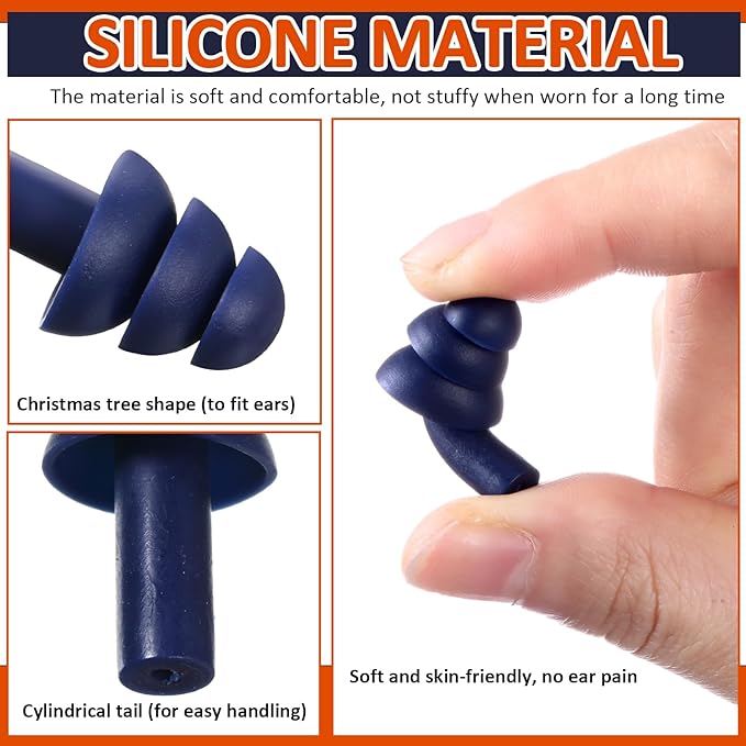 Xuhal 200 Pairs Corded Ear Plugs Silicone Earplugs with Cord Individually Wrapped Reusable Earplugs Sleep Noise Cancelling Hearing Protection for Snoring Shooting Studying Construction (Navy Blue)