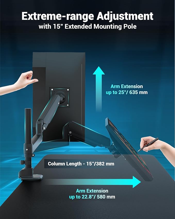 Heavy Duty Monitor Arm for 13-49 Inch Ultrawide Screens, Holds Up to 44lbs, Fully Adjustable Single Monitor Mount, with Clamp & Grommet Base, 75/100mm VESA Desk Mount, Black