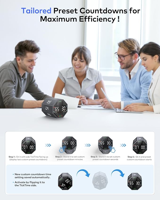 Pomodoro Timer Cube, Custom Pomodoro, Pause & Resume, Silent, Vibrate & Adjustable Sound Alert, for ADHD, Task, Work, Study, 3/5/10/15/30/45/60min & Custom Countdown,Gray