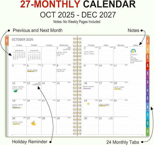 GNL Monthly Planner 2026-2027, 2 Year(27 Months) Calendar Planner, Oct. 2025 - Dec 2027, 7" x 10" Monthly Spreads & Yearly Planner, Perfect for School Office Home Planning, Green