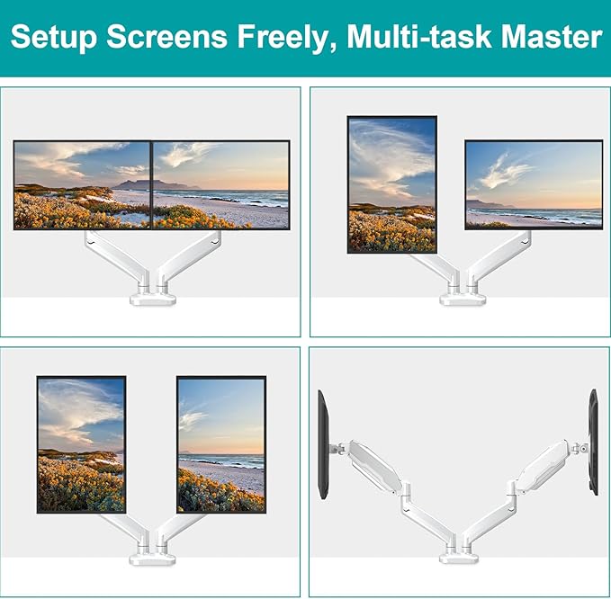 MOUNT PRO Dual Monitor Mount Fits 13 to 32 Inch Screen, Height Adjustable Monitor Stand for 2 Monitors, Gas Spring Display Arm Holds up to 17. 6lbs Each, Computer Desk VESA Mount, White
