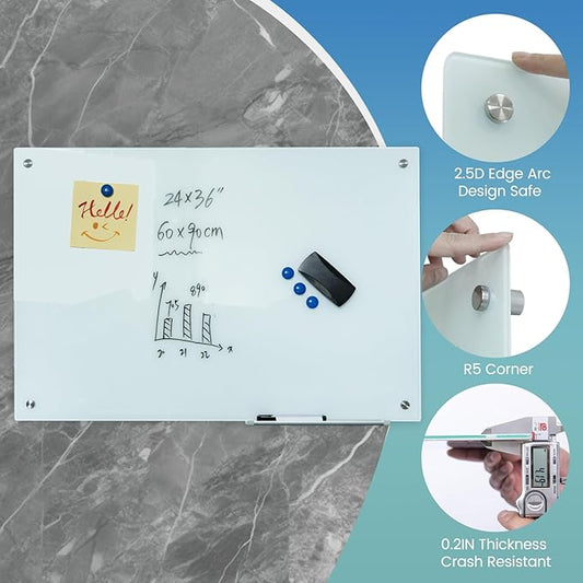 Glass Whiteboard 24"X36" Magnetic Dry Erase Board Frameless Wall Mounted White Board WritingBoard for Office School Home Accessory Tray, 3 Dry Erase Marker,4 Glass Board Magnets and 1 Magnetic Eraser