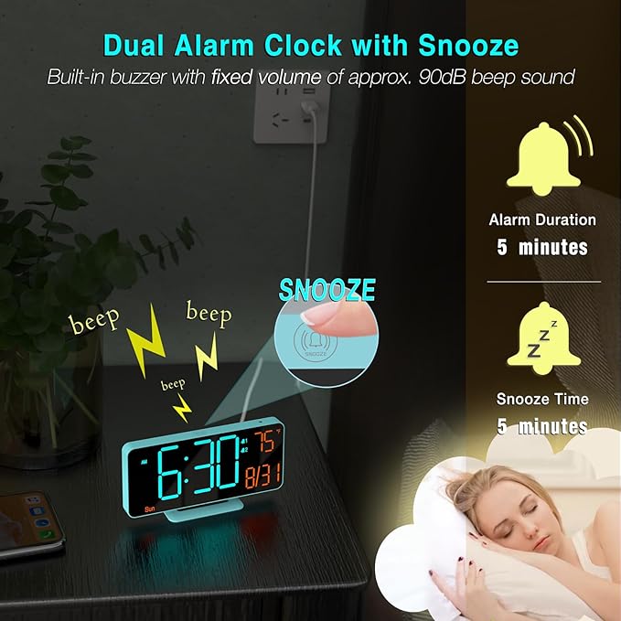 KOSUMOSU Alarm Clocks for Bedrooms, 6.7in Digital Clock, Auto Dimming, Room Temperature, Day of The Week, Seconds, Date, Digital Clocks for Living Room, Desk Clock for Bedroom