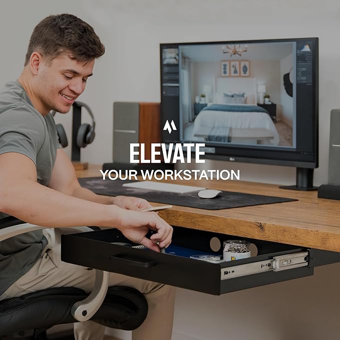 Under Desk Drawer Slide Out Attachment - Carbon Steel Undermount Table Drawer with Cable Management, Pull Out Add-On Storage for Office & Standing Desks (7.5" x 8" x 2.8")