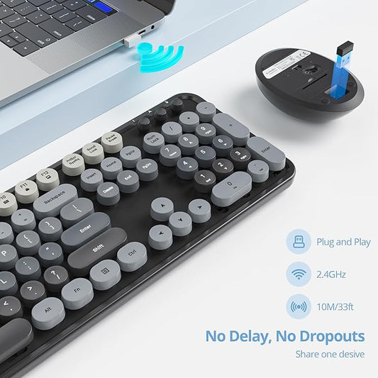 Guffercty kred Colorful Grey Wireless Keyboard and Mouse Combo, Retro Typewriter Wireless Full-Size Cute Office Keyboard 2.4GHz with Round Keycaps for Desktop Laptop and PC(Gradient Black)