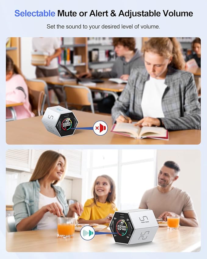 Ticktime Pomodoro Timer Cube, Hexagon Productivity Timer, Pause & Resume, Silent & Adjustable Sound Alert, for ADHD, Task, Work, Study, 3/5/10/15/25/30min & Custom Countdown - Gray