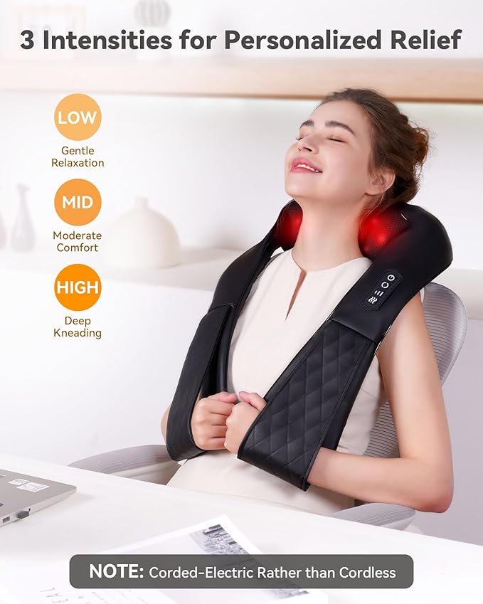 Shiatsu Neck and Back Massager, Corded Electric Neck Massager with Heat for Pain Relief Deep Tissue 4D Kneading Shoulder Massager Pillow for Whole Body Relaxation, Gifts for Mom Dad Women Men