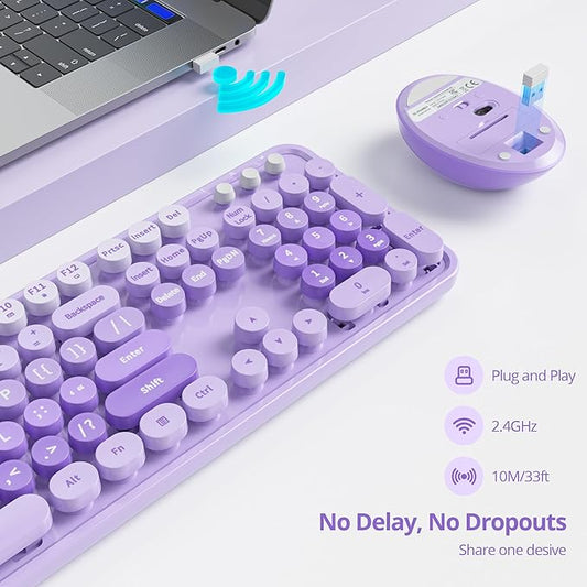 GTSP Colorful Purple Wireless Keyboard and Mouse Combo, Retro Typewriter Wireless Full-Size Cute Office Keyboard 2.4GHz with Round Keycaps for Desktop Laptop and PC (Cute Purple)