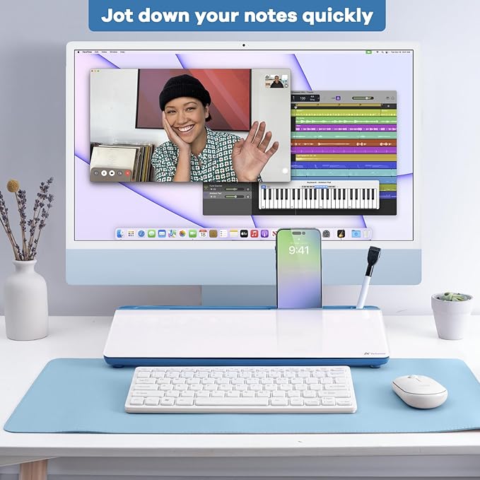 Varhomax Glass Desk Whiteboard with Storage, Desktop Organizer Dry Erase White Board to-do List Memo for Home Office and School Supplies (Blue)