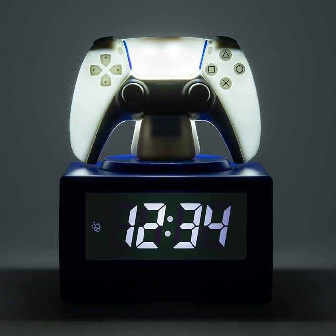 Paladone PlayStation DualSense Controller Digital Alarm Clock with Night Light Function - Officially Licensed Gaming & Bedroom Décor for Kids & Teens, White, Blue