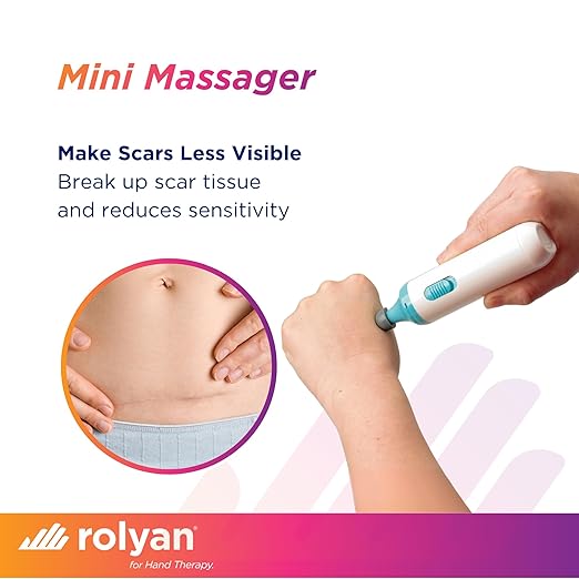 Rolyan Mini Massager with Battery, Handheld Compact Massager with Interchangeable Heads Reduces Scar Visibility, Quiet Vibration, Ergonomic Grip, Portable for On-the-Go Use, Battery Operated