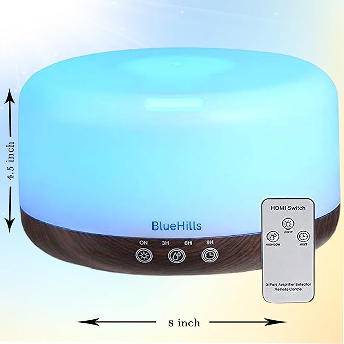 BlueHills Premium 1000 ML Large Essential Oil Diffuser Humidifier for Room Home Aromatherapy Big Capacity Oil Diffuser with Décor LED Lights Long Running Round Diffuser Dark Wood Grain – D002