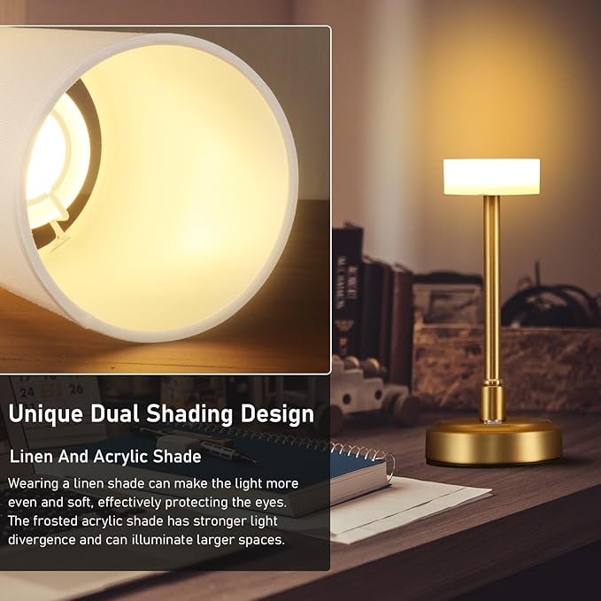 Set of 2 Small Touch Nightstand Lamp Rechargeable Battery Operated Cordless LED Table Lamp, Portable 3 Colors Stepless Dimmable Fabric Desk Light for Restaurant/Bedroom/Outdoor (White+Brass)