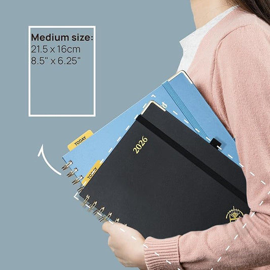 POPRUN 2026 Planner (Medium Size 8.5'' x 6.25'' Wire-Bound Hard Cover) Daily Weekly and Monthly Calendar - Agenda 2026 (Jan.2026-Dec.2026) with Hourly Schedule, Monthly Tabs - Orange