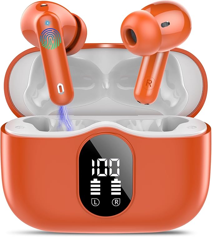 Wireless Earbuds, Bluetooth 5.4 Headphones Bass Stereo, Ear Buds with Noise Cancelling Mic, IP7 Waterproof in Ear Earphones, 36H LED Display Bluetooth Earbuds for Laptop Pad Phones Sports, Orange