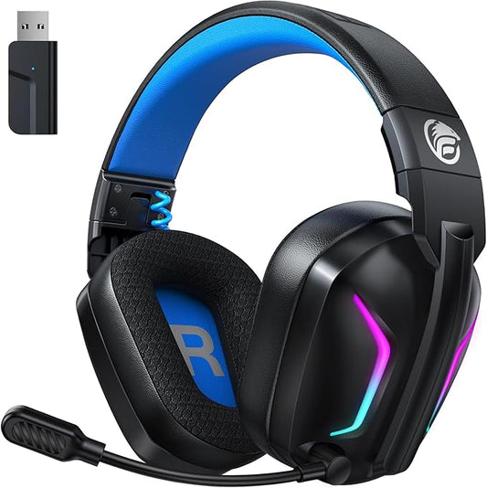 Wireless Gaming Headset with Microphone for PC, PS5, PS4, Bluetooth Gaming Headphones - Fast Charge 50Hr Battery, Cool LED Lights for Switch, Laptop, Mobile, Mac 2.4GHz Gamer Headset