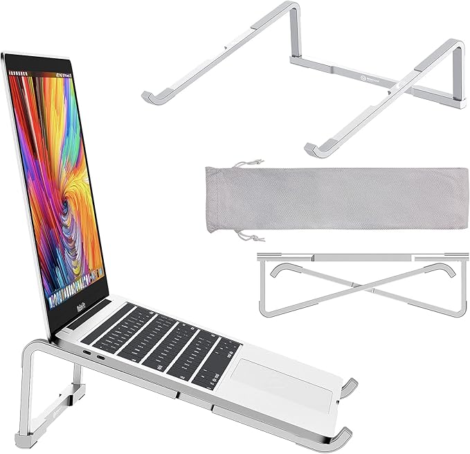 WixGear Laptop Stand for Desk - Foldable, Lightweight Aluminum Laptop Riser Holder, Portable Stand for 10-15.6” Laptops, Prevents Overheating with Non-Slip Rubbers, Travel-Friendly, Ergonomic Design