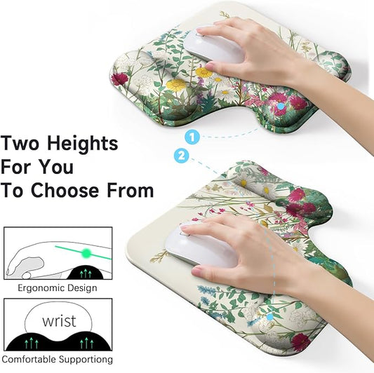 Ergonomic Mouse Pad with Gel Wrist Rest (1"& 1.2" Dual Height) - Mouse Pads Compact Mousepad Desk Mat Office, Gaming & Carpal Tunnel Relief | Non-Slip Rubber Base Wildflower Garden