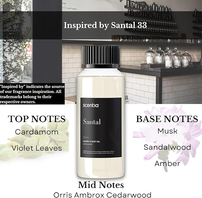 Santal Diffuser Oil 50ml – Santal 33 Inspired Aroma – Rich Sandalwood, Amber, Vanilla & Musk – Long-Lasting Scent for Home, Office, Cold-Air & Ultrasonic Diffusers